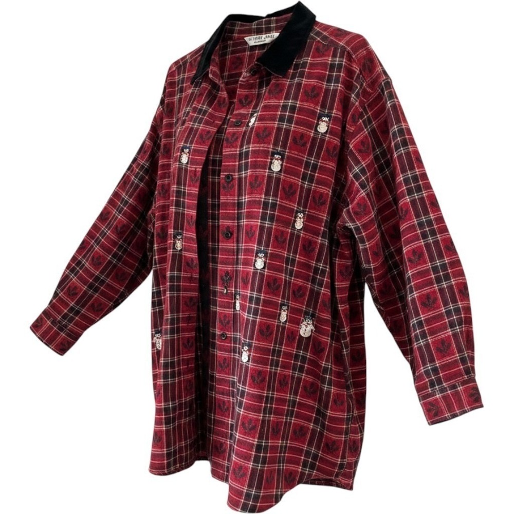 Red Plaid Snowman Top Women 2X Embroidered Velvet Collar Holidays